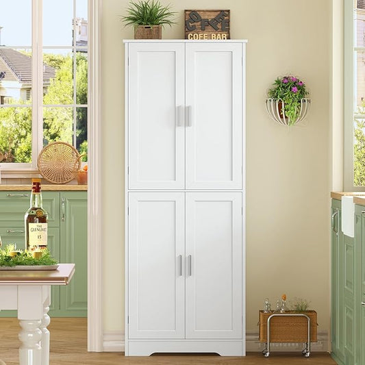 TEENFON 67” Storage Cabinet, Kitchen Pantry Cabinet with 4 Doors and 2 Adjustable Shelves, Cupboard, Tall Bathroom Cabinets for Dining Room, Living Room, White