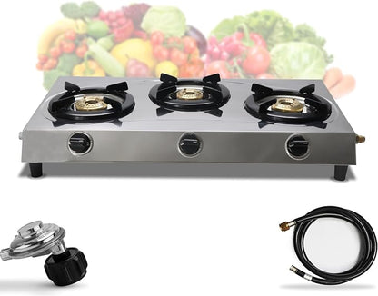 Three Burner Stove Stainless Steel Propane Portable Cooktop Range | Propane Range 3 Burner Cooktop, Indian Style Gas Stove for Outdoor Cooking on 3 Burner Gas Stove Camp Stove