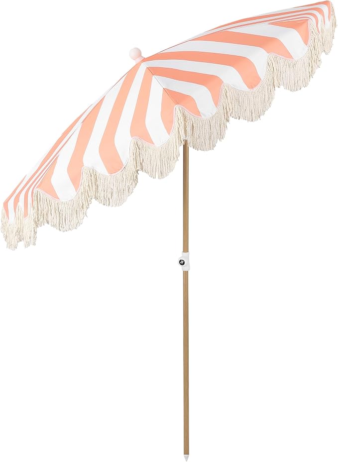 JONATHAN Y Mariner 6.5 ft. Striped Fringe Beach Umbrella, Coral Pink/White | Push-Button Tilt, UV 50 Protection, Matching Carry Bag, Light Brown Wood Finish Iron Pole, Wind Vent, Scalloped Round Canopy