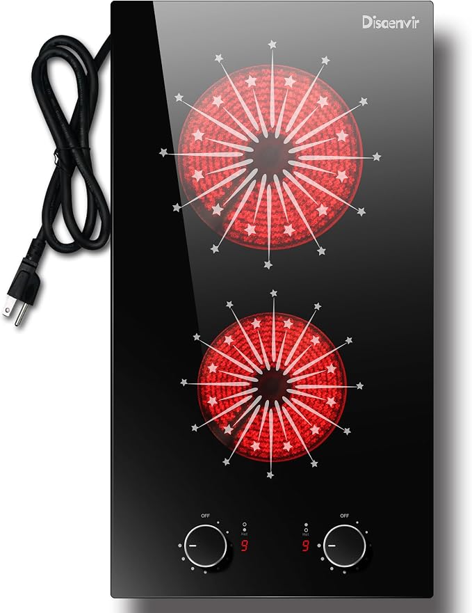 2 Burner Electric Cooktop 110V Portable Plug in 2000W | 12 Inch Two Burner Electric Stove Built-in & Countertop, Knob Control, Over Heat Protection, 9 Power Level, 120V Portable