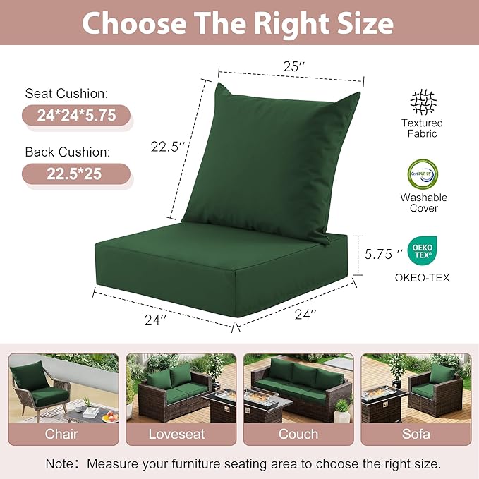 Outdoor Deep Seat Cushion Set, 24x24 Inch, Forest Green, Set of 4 | Water-Resistant, Fade-Resistant, Removable Cover, For Patio Chair & Sofa&Furniture