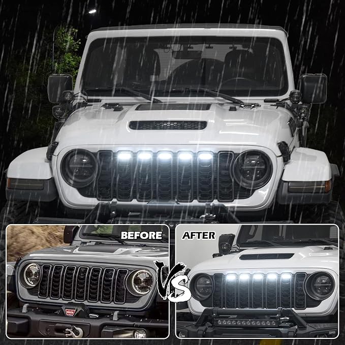 MAIKER White LED Grille Lights Compatible with 2024-2025 Jeep Wrangler JL JLU & Gladiator JT Original Factory Grille, 5PCS Front Grille Lights