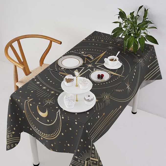 Vintage Tarot Moon Tablecloth Boho Mystical Crescent Moon Phases Star Galaxy Space Table Cloth Water Resistant Wipeable Table Cover for Picnic Party Holiday Kitchen Dinner Table 55"x75"