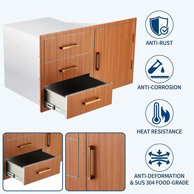 PeakPursuit Stainless Steel Outdoor Kitchen Door Drawer Combo - Triple Drawers & Access Door, Propane Storage & Adjustable Garbage Ring, Weather-Resistant Flush Mount, 38.2" W x 22.6" D x 20.5" H