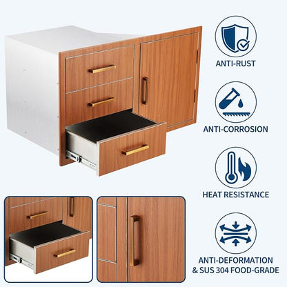 PeakPursuit Stainless Steel Outdoor Kitchen Door Drawer Combo - Triple Drawers & Access Door, Propane Storage & Adjustable Garbage Ring, Weather-Resistant Flush Mount, 38.2" W x 22.6" D x 20.5" H