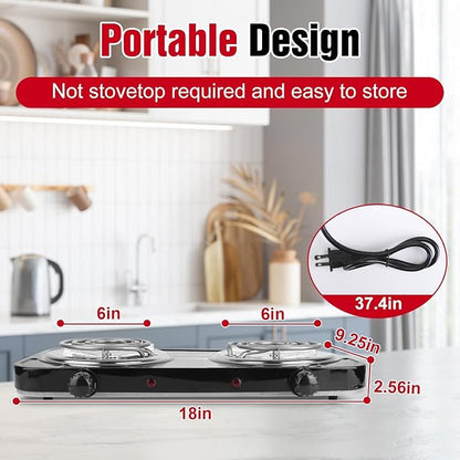 2000W Electric Double Burner, Portable Coil Heating Hot Plate Stove, Countertop Cooker with 5 Temperature Adjustments & Non Slip Rubber Feet for RV Kitchen (black)