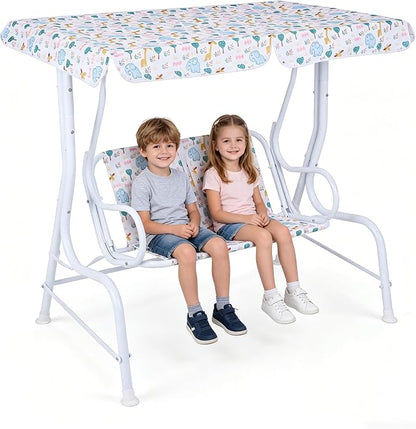 HONEY JOY Kids Patio Swing, 2-Seater Outdoor Porch Swing Lounge Chair, Adjustable Canopy & Safety Belt, All Weather Resistant Waterproof Hanging Swing Bench for Garden Poolside Balcony(White Elephant)