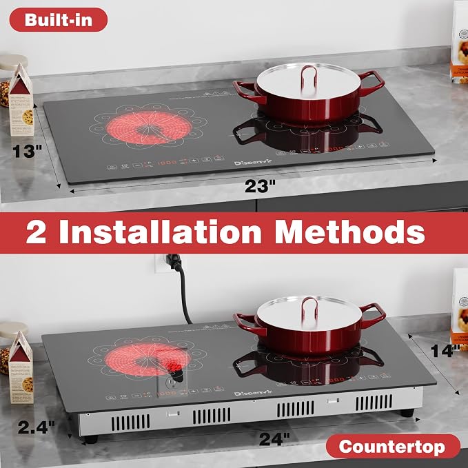 2 Burner Electric Cooktop 24 Inch 110V Plug in | Countertop and Built-in Two Burner Electric Stove Portable, Child Lock, Timer, Suitable for Rv, Dorm, Apt., 120V