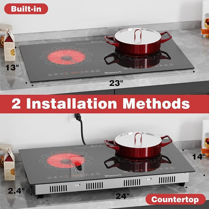 2 Burner Electric Cooktop 24 Inch 110V Plug in | Countertop and Built-in Two Burner Electric Stove Portable, Child Lock, Timer, Suitable for Rv, Dorm, Apt., 120V