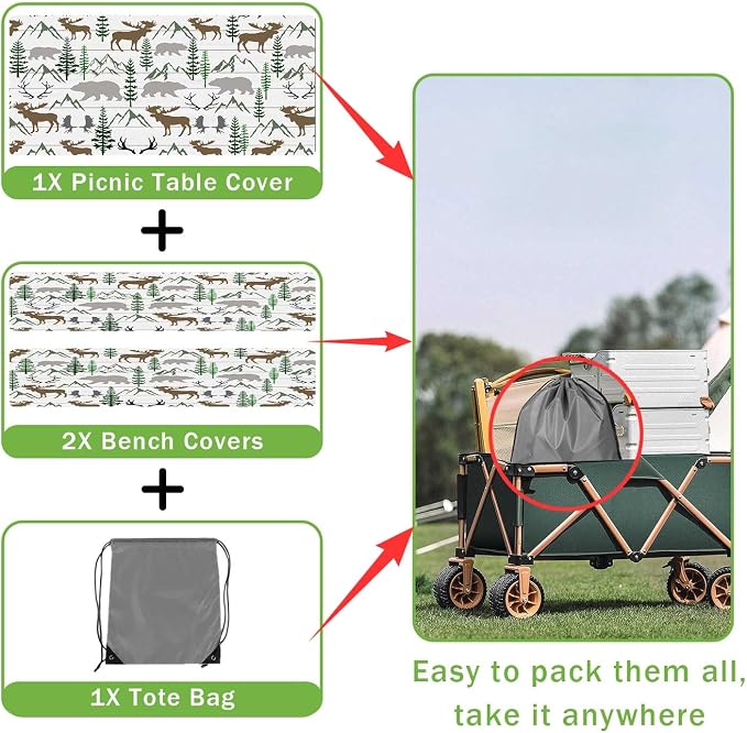 Picnic Table Cover with Bench Covers and Bag, Deer Moose Forest Wildlife Rv Essentials, Waterproof Windproof Fabric, Fitted Tablecloth Cover with Elastic Edge, 3 PCS, 30x72 Inch