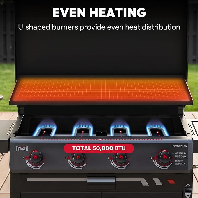 FEASTO 36" 4-Burner Propane Gas Griddle with Side Burner and Cabinet | 50,000 BTU, 720 Sq. In., Outdoor Flat Top Grill with Disposable Foil Liners for Patio, Backyard, BBQ Party, Black