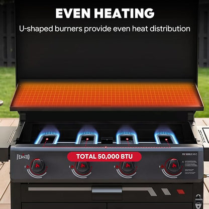 FEASTO 36" 4-Burner Propane Gas Griddle with Side Burner and Cabinet | 50,000 BTU, 720 Sq. In., Outdoor Flat Top Grill with Disposable Foil Liners for Patio, Backyard, BBQ Party, Black