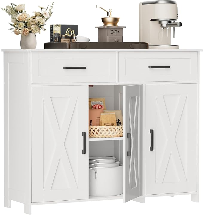Homhedy Coffee Bar Storage Cabinet with Drawers, Kitchen Buffet Cabinet | Sideboard Cabinet with Doors, Farmhouse Buffet Cabinet, Adjustable Shelves, for Kitchen / Dining / Living Room, White