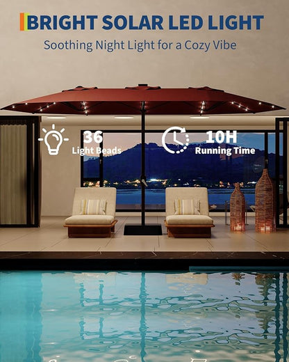 15FT Outdoor Patio Umbrella,Double-Sided Rectangle Market Umbrella with 36 LED Solar Lights & Base,UV50+ Weather-Resistant Oversized Outdoor Umbrella,Crank Lift,3-Way Shade for Pool,Garden,Backyard