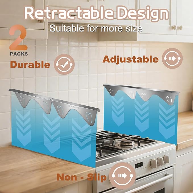 Stainless Steel Stove Gap Filler, 2 Pack Adjustable Covers for Counter, 13.8"-27.5", 0.79" Wide Heat Resistant Oven Guard Range Trim Kit, Silver