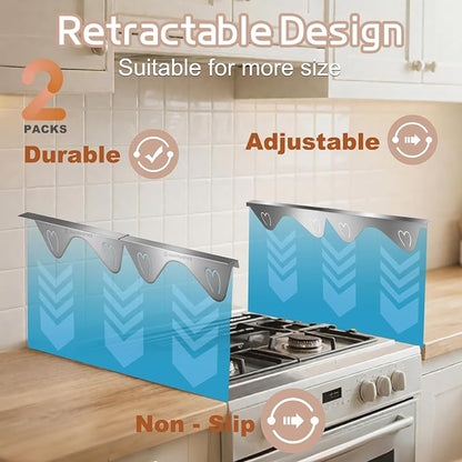 Stainless Steel Stove Gap Filler, 2 Pack Adjustable Covers for Counter, 13.8"-27.5", 0.79" Wide Heat Resistant Oven Guard Range Trim Kit, Silver