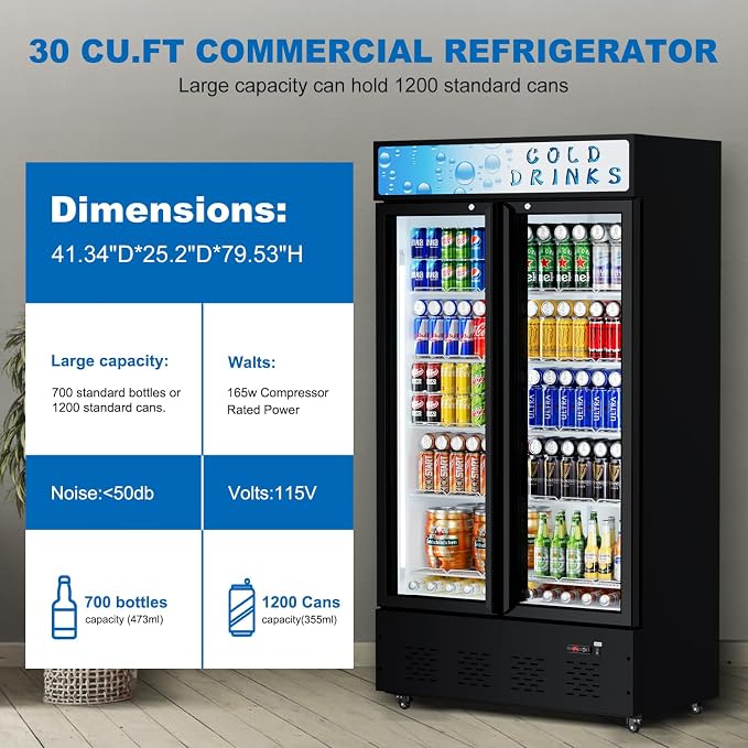 41.3''W Commercial Beverage Refrigerators, 30 Cu.ft. Glass Door Refrigerator Upright Display Cooler with Soft LED Light and Adjustable Shelves for Restaurant Grocery Stores Home