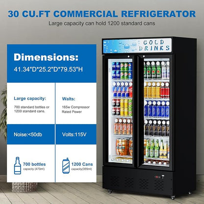 41.3''W Commercial Beverage Refrigerators, 30 Cu.ft. Glass Door Refrigerator Upright Display Cooler with Soft LED Light and Adjustable Shelves for Restaurant Grocery Stores Home