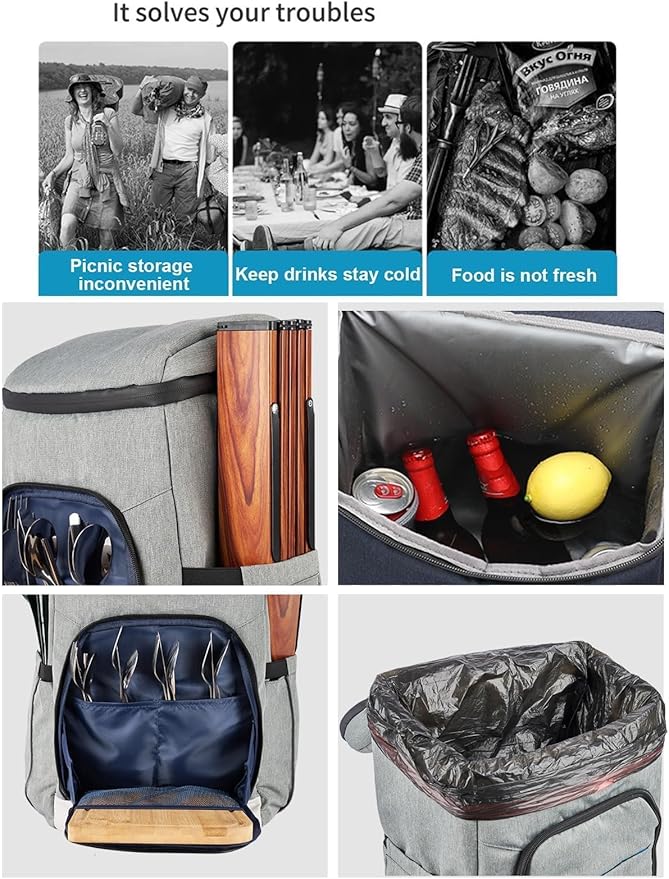 Picnic Backpack Bundle 15-in-1 Set Camping Gear with Fold Table & Waterproof Blanket & Stainless Steel Utensils for 4-Person Family Hiking Essentials