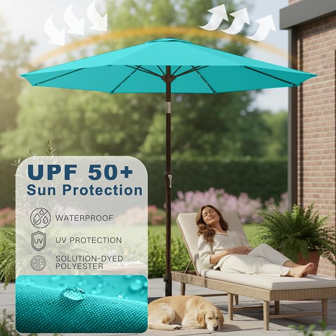 9' Solar LED Patio Umbrella with Tilt & Crank|8 Sturdy Ribs,UV Protection,Outdoor Market Table Umbrella for Deck,Lawn,Pool,Backyard(Peacock Blue)