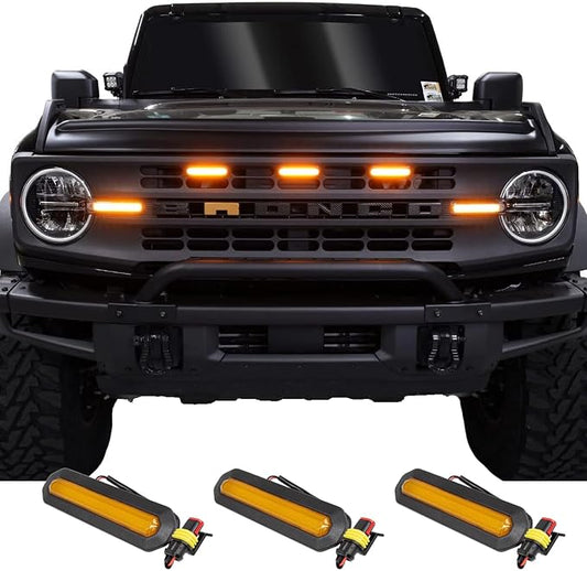 IAG I-Line Amber Grille Lights for Ford Bronco 2021+, Base/Black Diamond | Adds the Raptor look, 3 bright 135-lumen amber LEDs, plug-and-play harness, no-drill clip-in install, waterproof