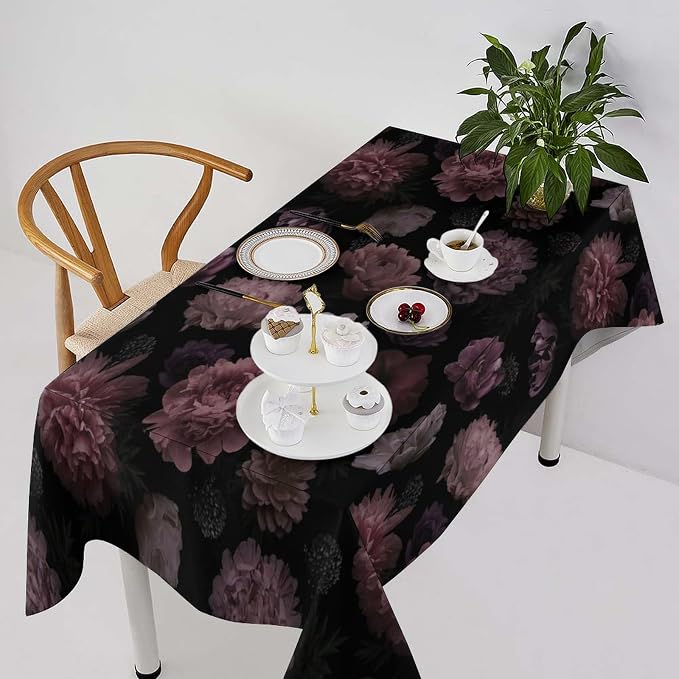 Vintage Florals Tablecloth, Gothic Summer Garden Peonies Flowers Rustic Roses Boho Botanical Plant Water Resistant Wipeable Table Cover for Picnic Party Holiday Kitchen Dinner Table 55"x55"