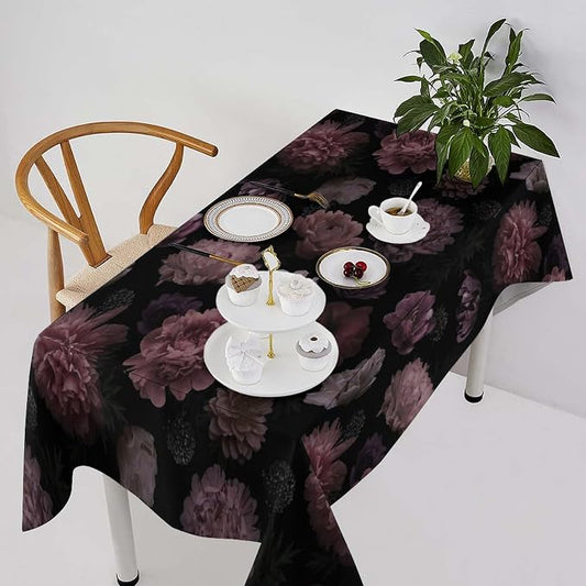 Vintage Florals Tablecloth, Gothic Summer Garden Peonies Flowers Rustic Roses Boho Botanical Plant Water Resistant Wipeable Table Cover for Picnic Party Holiday Kitchen Dinner Table 55"x55"