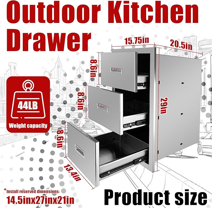 Outdoor Kitchen Triple Layer Drawer 15.75'' W x 29'' H x 20.5'' D Flush Mount BBQ Access Drawer Stainless Steel BBQ Island Drawers with Handle Suitable for Outdoor Kitchen Island Grill Station