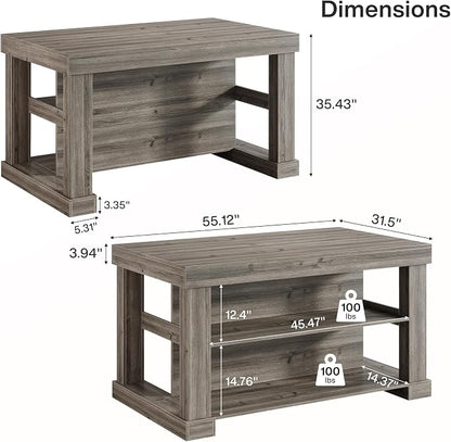 Tribesigns 55" Kitchen Island with Seating and Storage, 3-Tier, Farmhouse | Wood Stationary Island Table with Large Worktop & Legroom, Heavy Duty, Coffee Bar Table with Storage Shelf for Kitchen, Grey