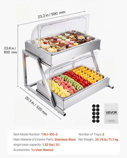 VEVOR Countertop Food Serving Display Container, 2 Tier Stainless Steel Food Salad Server Tray, Buffet Condiment Dispenser, Ice Cooled Rack with Clear Roll Top Cover, for Restaurant Hotel (1/1 Pan x2)