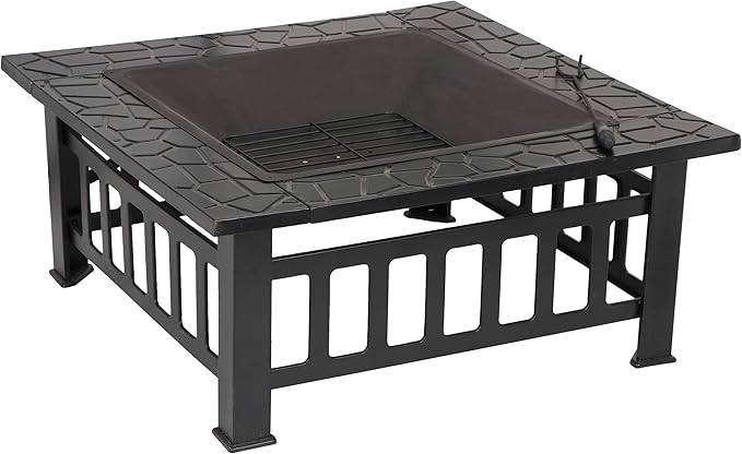 HomGarden 32" Fire Pit Outdoor Patio Square Metal Heater Deck Firepit Backyard Garden Home Stove Burning Fireplace w/Spark Screen,Poker,Cover,Grill