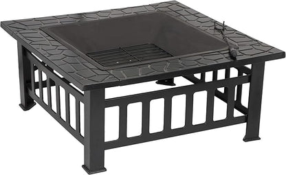 HomGarden 32" Fire Pit Outdoor Patio Square Metal Heater Deck Firepit Backyard Garden Home Stove Burning Fireplace w/Spark Screen,Poker,Cover,Grill