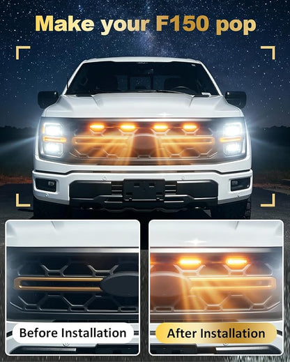 Front Grill Raptor Lights for Ford F150 2024 2025 2026 (Yellow, Tremor) | 5th Gen F150 Grille Marker Lights, Waterproof F150 LED Lights Accessories, Snap-in Installation, OEM Style, Off-road Driving