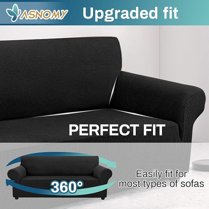 Asnomy Stretch Couch Covers for Sofa Washable, 3 Cushion Couch,Black | 1-Piece Sofa Covers(78"-94") 3-Seater Furniture Protector Soft Jacquard,Non-Slip Elastic Bottom For Dogs & Kids