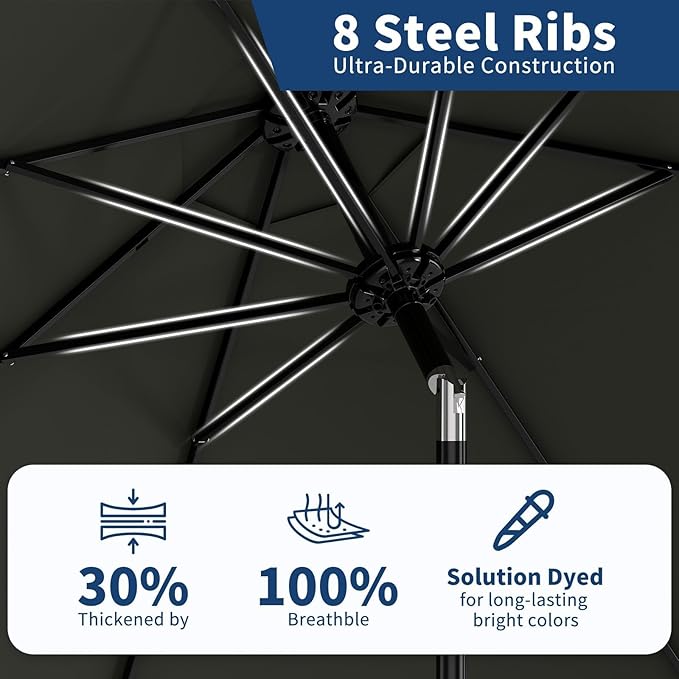 Garvee 9 ft Patio Umbrella - 8 Sturdy Ribs Outdoor Table Umbrella with Crank Lift & Push Button Tilt - Market Umbrella for Pool, Deck, Yard, Garden - Gray