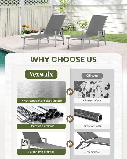 Vexwalx Patio Chaise Lounge Chair Outdoor with Wheels&Armrests, Aluminum Pool Lounge Chairs 5-Position Adjustable Recliner, Outdoor Beach Lounge Chairs for Poolside, Patio, Deck, Yard, Dark Gray