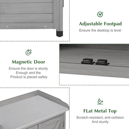 Outdoor Storage Cabinet & Potting Bench Table with Metal Top, Wooden Patio Furniture, Garden Workstation (Classic Grey, 39x31.5x17in)