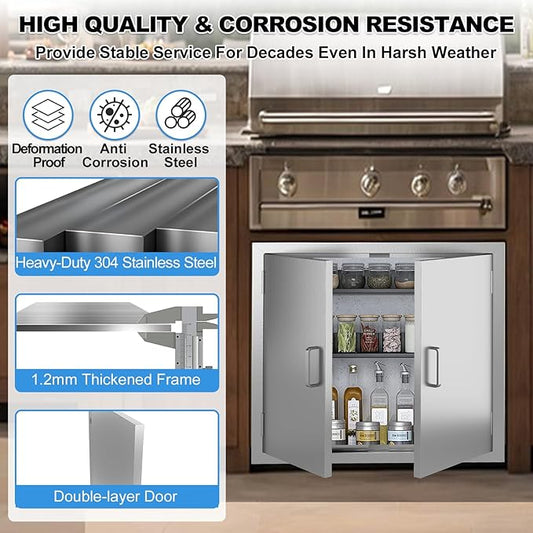 Outdoor Kitchen Doors 24" W x 24" H-304 Stainless Steel Never Rust BBQ Access Door-Double Layer-Outside Cabinet Door-Weatherproof GrillDoor-Flush Mount BBQ Island Doors-MetalDoor for Outdoor Kitchen