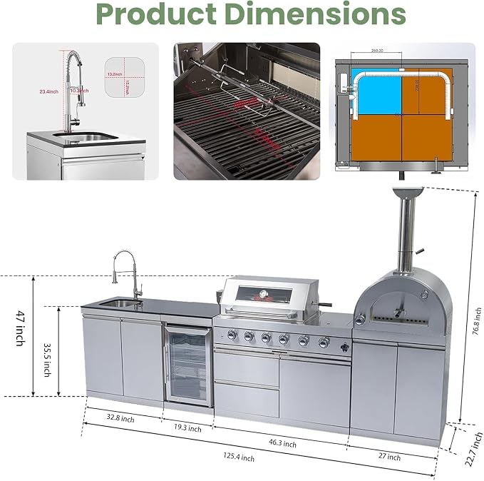 125" Outdoor Kitchen Island,Stainless Steel Natural Gas BBQ Grill with with Standalone Side Burner Pizza Oven, Rotisserie, Refrigerator, Granite Countertop, Storage Cabinets Drawers 108000 BTU.