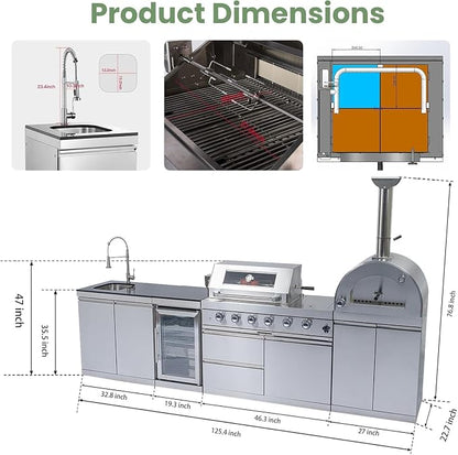 125" Outdoor Kitchen Island,Stainless Steel Natural Gas BBQ Grill with with Standalone Side Burner Pizza Oven, Rotisserie, Refrigerator, Granite Countertop, Storage Cabinets Drawers 108000 BTU.