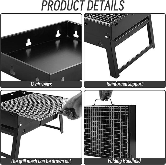 Portable Charcoal Grill with Grate 13.8x10.6x7.9'' Thickened Charcoal Grill Even Burning Foldable BBQ Grill with Handle Perfect for On-the-Go Barbecue of 1-3 Small Charcoal Grill