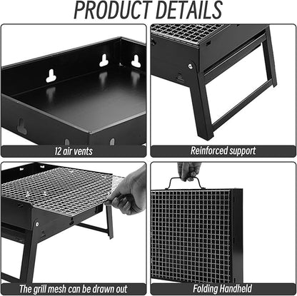 Portable Charcoal Grill with Grate 13.8x10.6x7.9'' Thickened Charcoal Grill Even Burning Foldable BBQ Grill with Handle Perfect for On-the-Go Barbecue of 1-3 Small Charcoal Grill