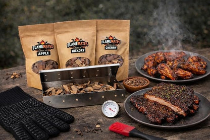 Deluxe BBQ Smoker Kit with Grilling Accessories | Includes Smoker Box, Basting Brush, Meat Thermometer, Heat-Resistant Glove, Instruction Manual, & 3 oz Hickory, Cherry & Apple Wood Chips