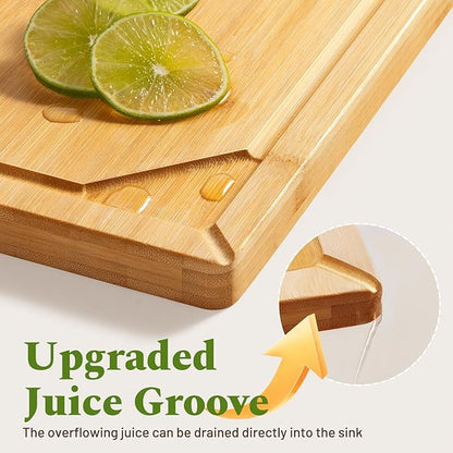 Kikcoin 3+1 Piece Self-Draining Bamboo Cutting Boards, Wooden Cutting Boards for Charcuterie, Vegetables, Cheese, Bread, Extra Large Chopping Boards with Deep Juice Groove and Handle, Natural