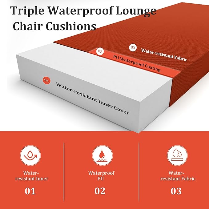 Chaise Lounge Cushions Outdoor Set of 2 Lounge Chair Cushion 80" L x 26" W with Headrest Straps 3'' Thick Waterproof Patio Chaise Cushions Pool Lounger Chair Cushion(Brick red)