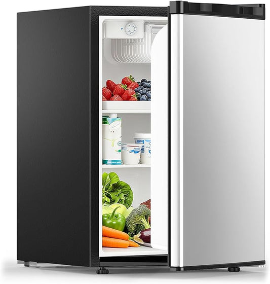 COWSAR 2.6 Cu.Ft Dorm Fridge with Freezer, Single Reversible Door Compact Refrigerator, Adjustable Thermostat, 2 Removable Shelves, Commercial Drink Fridge for Bedroom, Office, Kitchen, Dorm, Silver