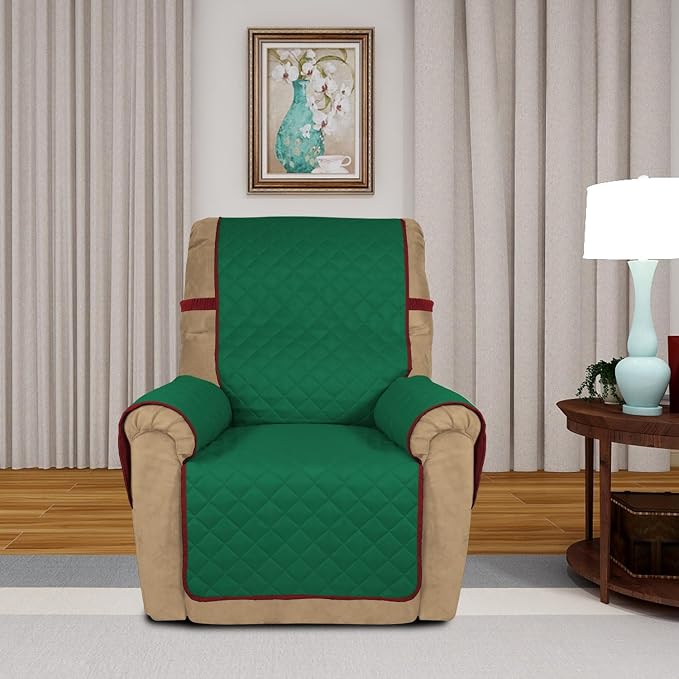 PureFit Reversible Recliner Chair Covers Couch Covers for Dogs, 19 in | Green/Red, Water Resistant Couch Protector, Washable Pet Couch Cover with Non Slip and Elastic Straps For Kids