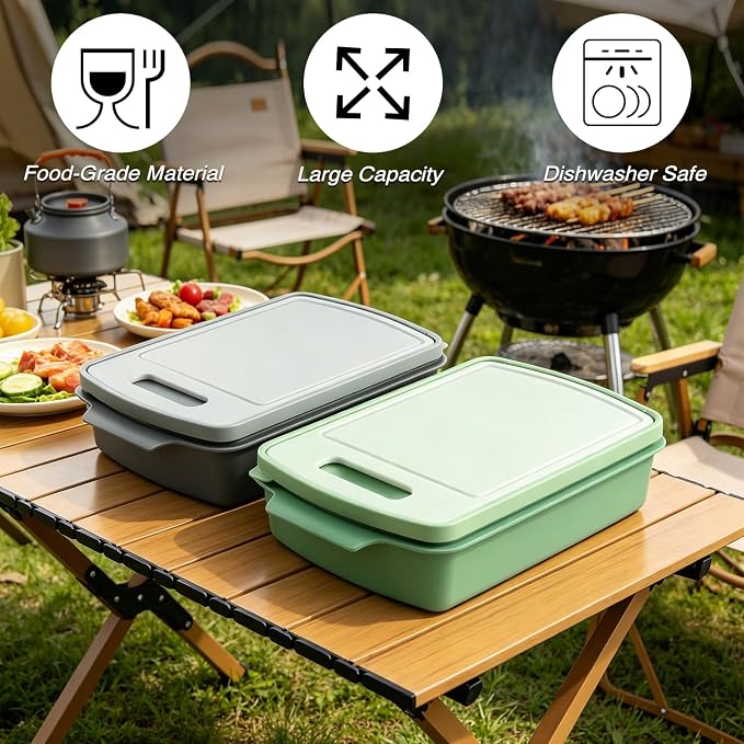 Sunmei Grill Prep and Serving Trays, 3-in-1 Stackable BBQ Food Tray, 5PCS BBQ Serving Set with Marinating Container, Serving Platter, Cutting Board and 2PCS Colored 12-Inch Grill Tongs (Gray)