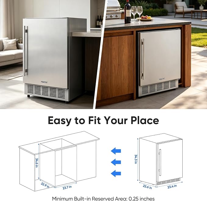 24 Inch Outdoor Beverage Refrigerator Built-in Patio Fridge | Under Counter drink Cooler with Stainless Steel Door, Digital Control, Quiet Cooling System for Backyard, Outdoor Kitchen