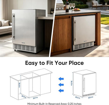 24 Inch Outdoor Beverage Refrigerator Built-in Patio Fridge | Under Counter drink Cooler with Stainless Steel Door, Digital Control, Quiet Cooling System for Backyard, Outdoor Kitchen